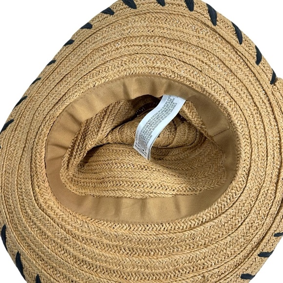 Summer Wide Brim Sun Beach Hat Paper yarn/Polyester Tan with Black Woven Detail - Picture 2 of 6